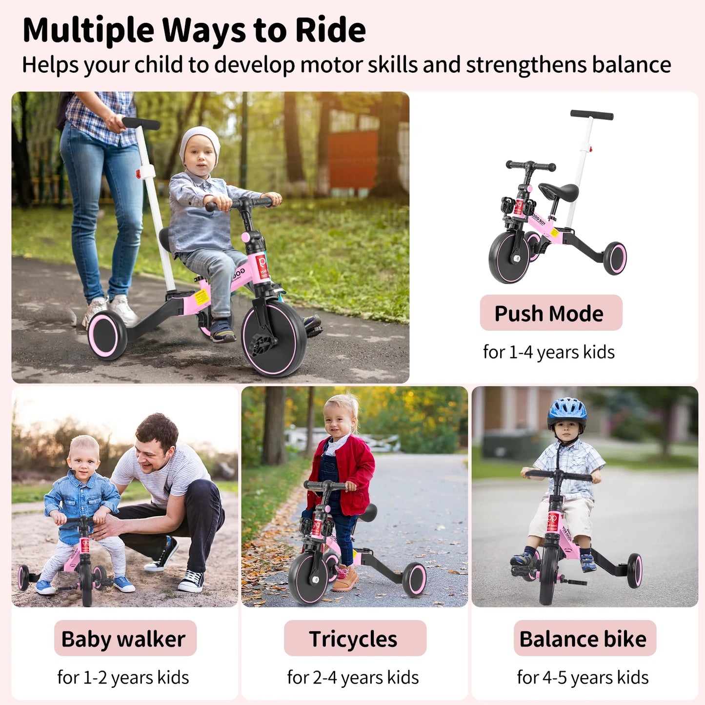 Arcwares Toddler Tricycle, 5 in 1 Toddler Trike Push Tricycle, with Height Adjustable Push Handle, Removable Pedal, Tricycles for Girls 1-5 Years Old(Pink)