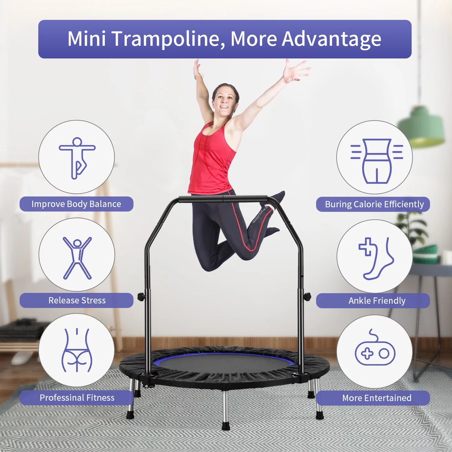 ZENOVA 40&#8243; Mini Trampoline for Adults and Kids Fitness, Indoor Trampoline Rebounder with Adjustable Foam Handle for Bounce Workout Max Load 330lbs, Blue and Black