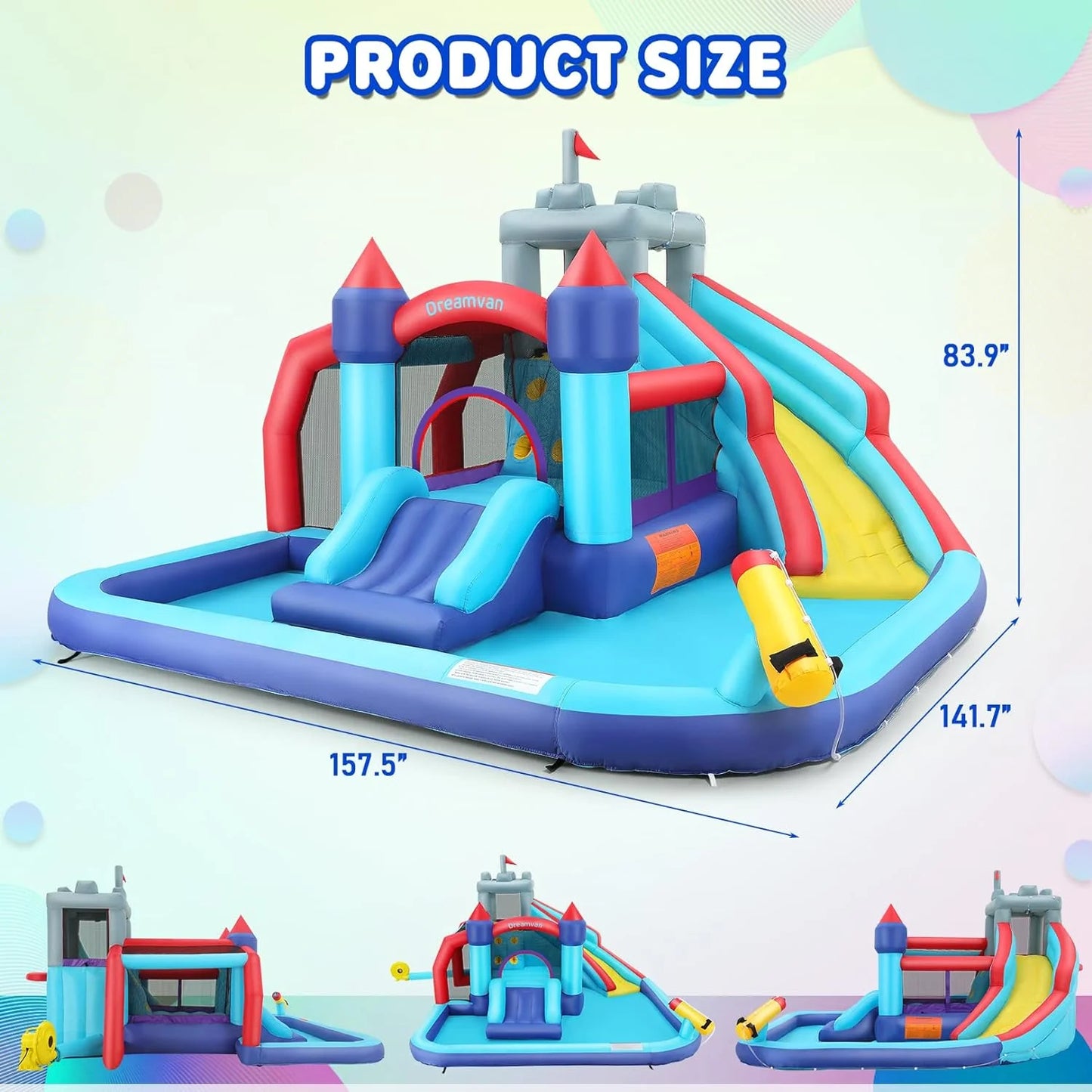 Bounce House for Kids with Blower, Inflatable Water Slide with Soccer Frame, Water Cannon Included, Backyard Water Park for Indoor/Outdoor Parties, Toddler Gift