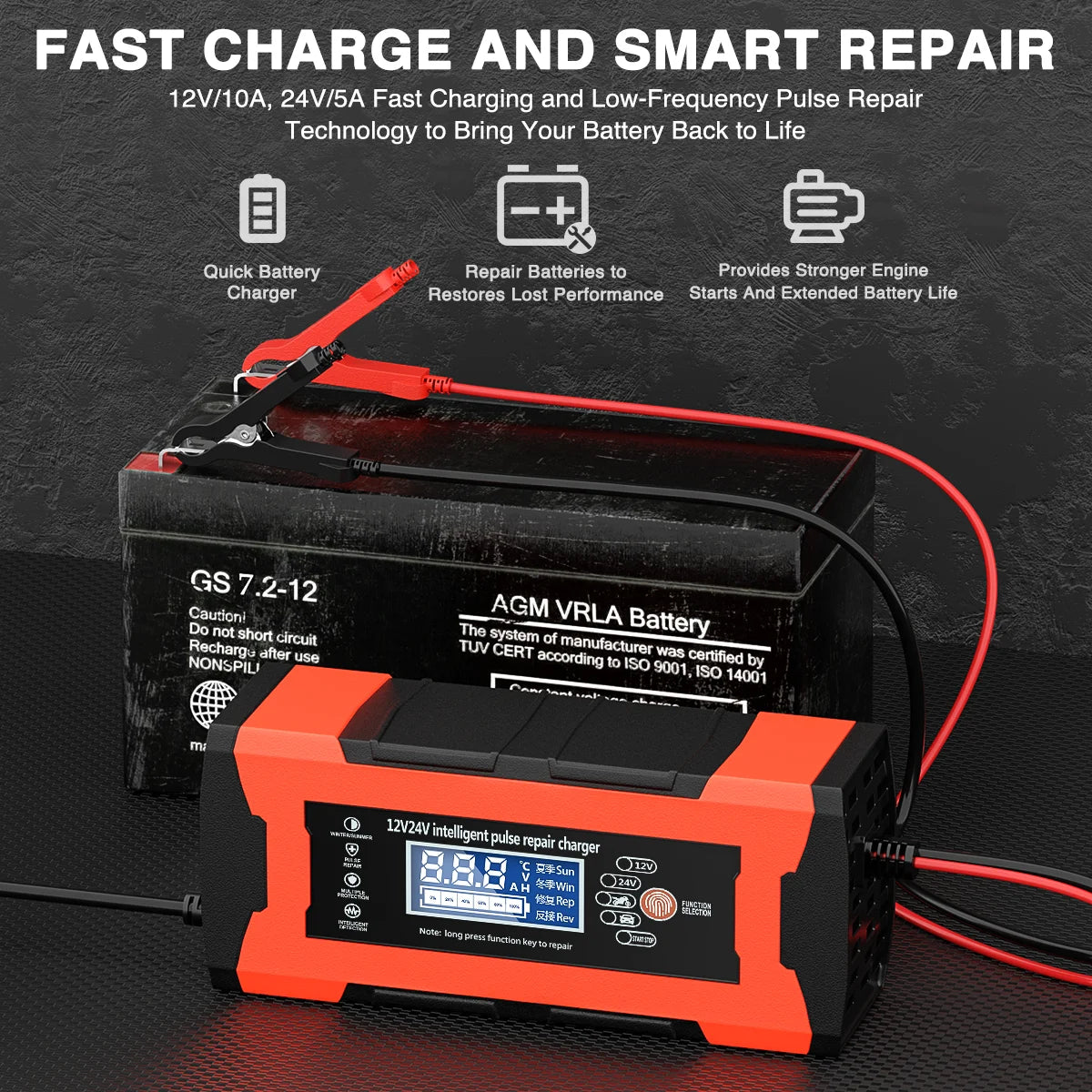 12V/10A 24V/5A Car Battery Charger, Battery Maintainer with LCD Display, Fully-Auto Smart Pulse Repair Charger, Maintainer Trickle Charger for Car Truck Motorcycle Lawn Mower Boat Lead Acid Battery