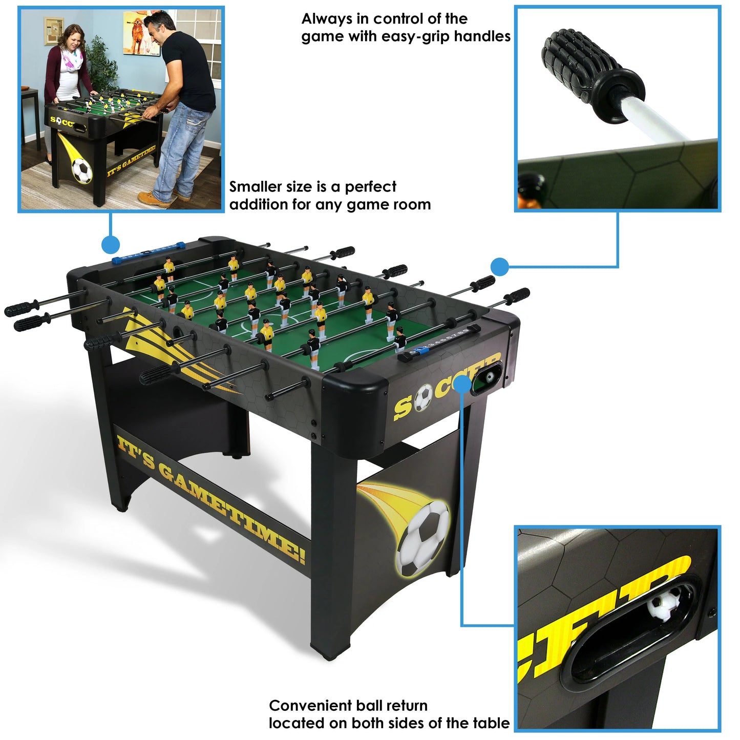 Sunnydaze Indoor Classic Style Foosball Soccer Game Table with Manual Scorers &#8211; 48&#8243; &#8211; Black and Yellow