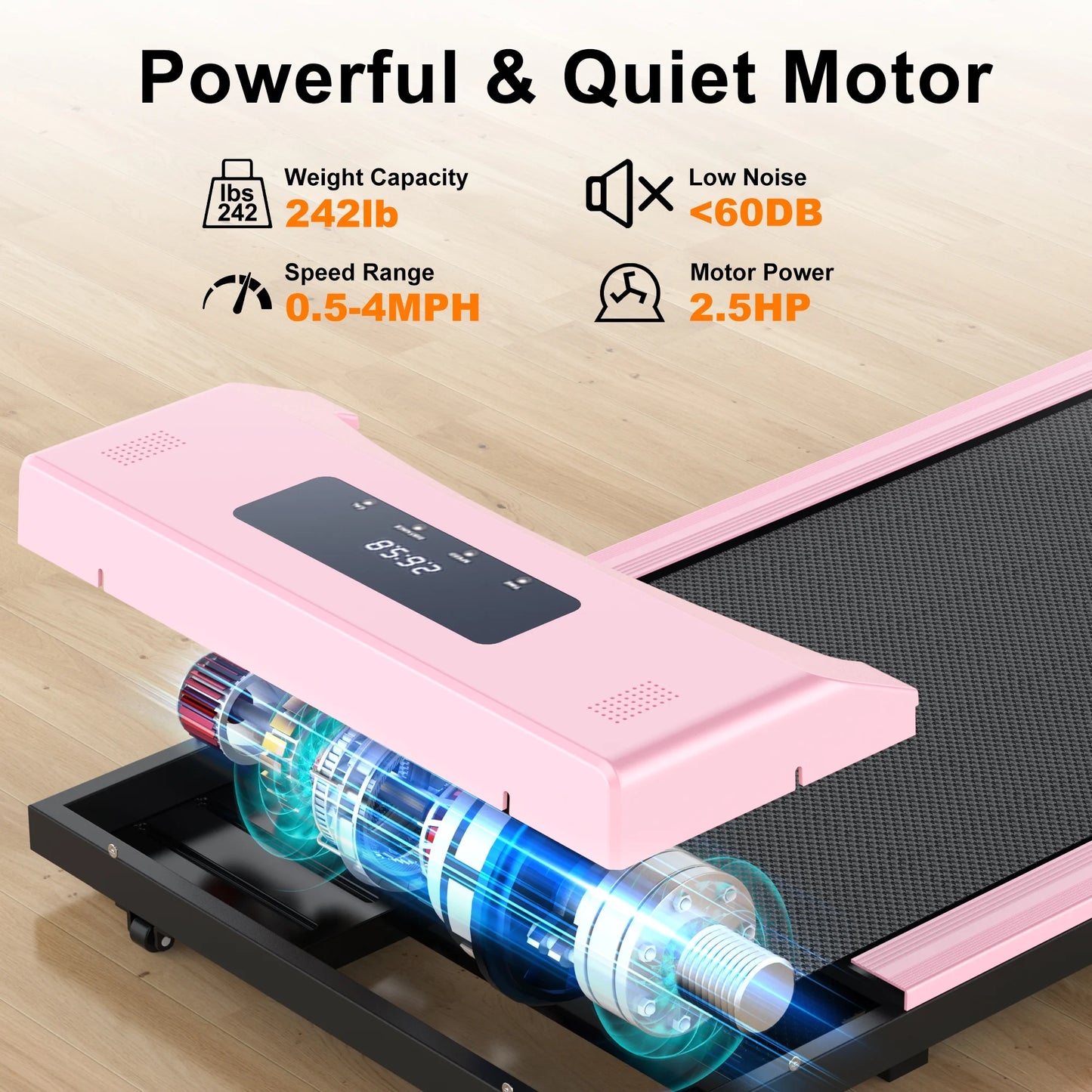 Tikmboex 2.5HP Under Desk Treadmill with LED Display Wireless Remote Control .38.5&#8243; x 15&#8243; Quiet &#038; Compact Walking Pad for Home Office, Pink