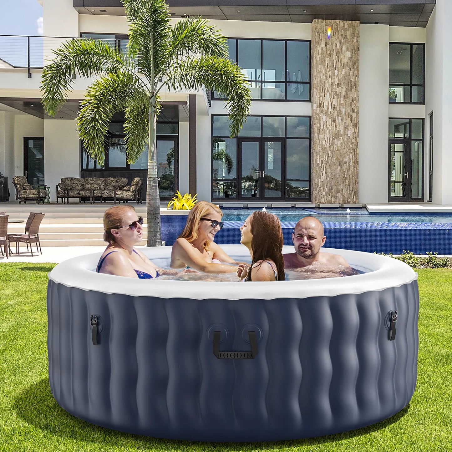 4 Person Inflatable Hot Tub Spa Portable Round Hot Tub with 108 Bubble Jets Blue