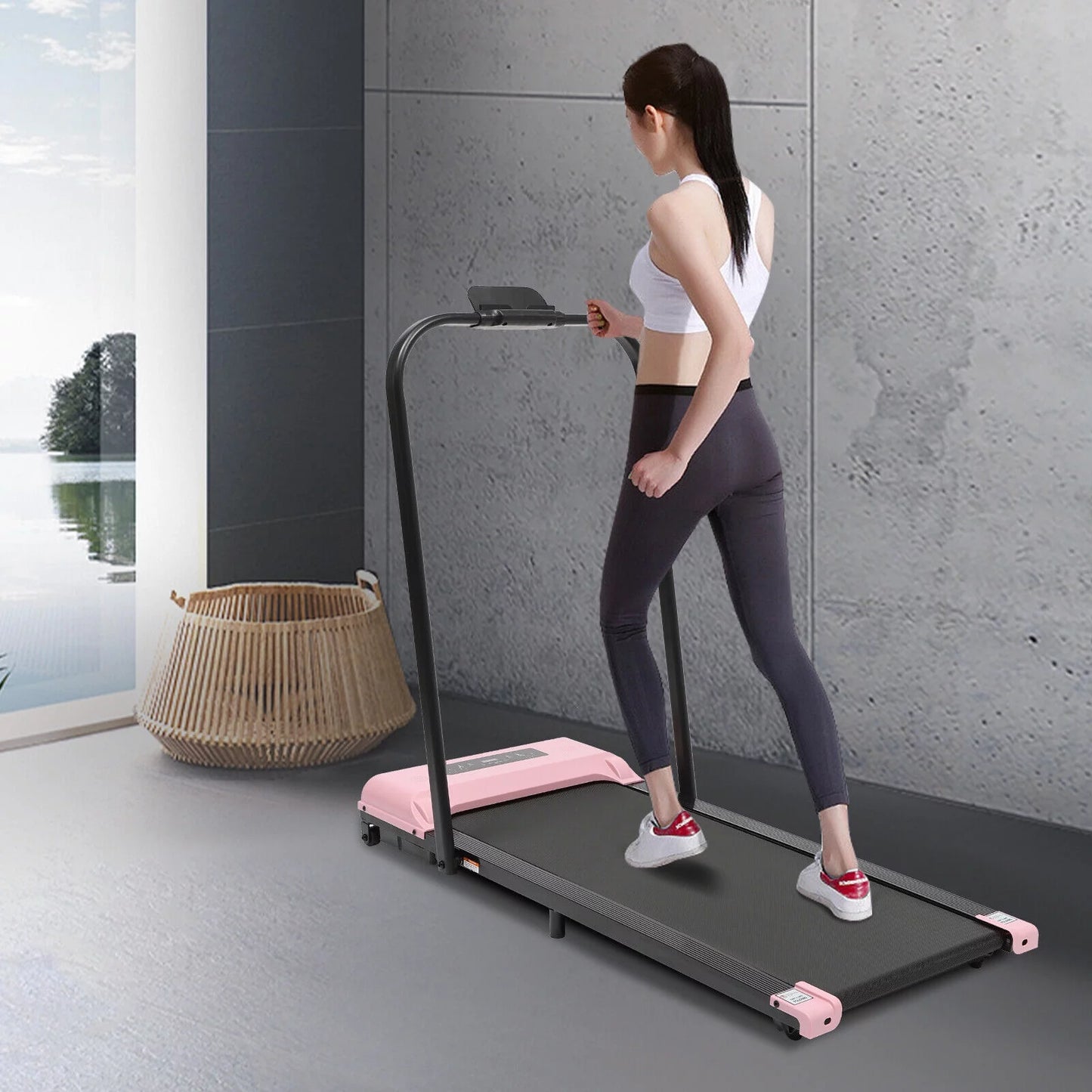 Under Desk Folding Treadmill Electric Home Office Walking Jogging Machine 3.0HP Pink/Gray 110V