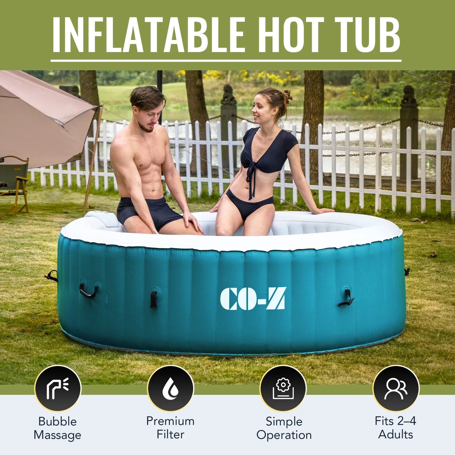 CO-Z 4 Person 6ft Inflatable Hot Tub Pool with Massage Jets and All Accessories Teal