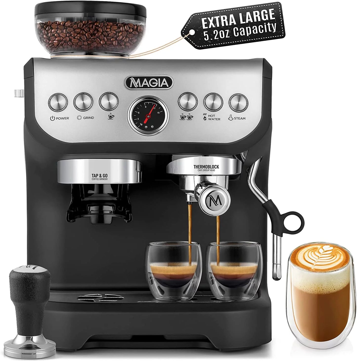 Zulay Kitchen Magia Manual Espresso Machine with Grinder and Milk Frother Latte Cappuccino Machine