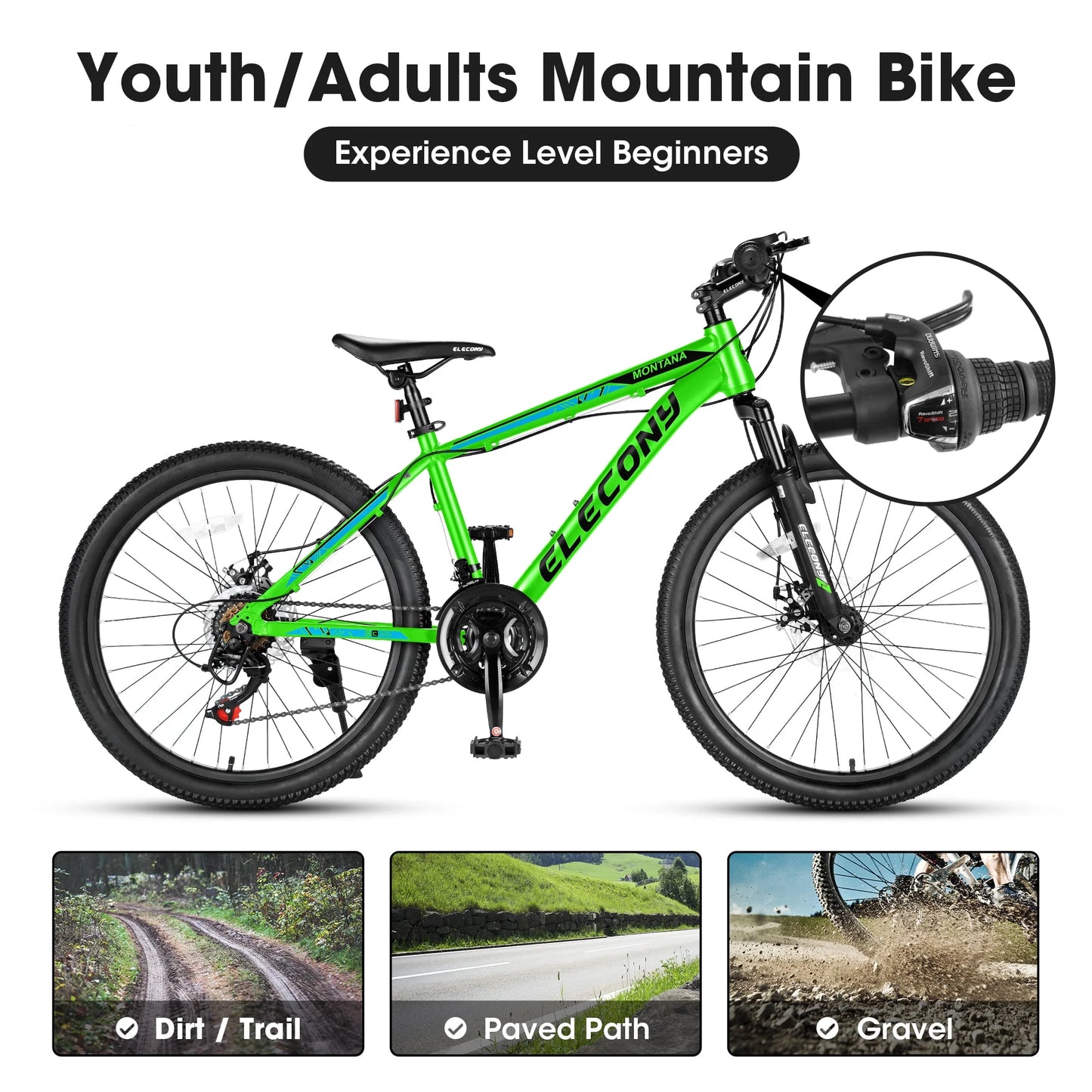 24&#8243; Mountain Bike, Aluminum Mountain Bike for Adult with Disc Brakes, Shimano 21 Speeds Bike for 14-18 Yeas Old ,Green