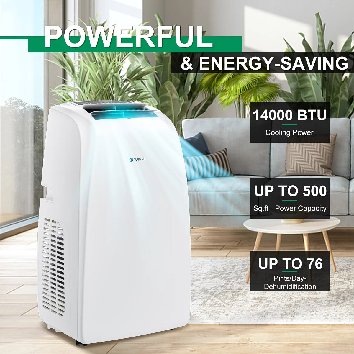 AUGIENB 14000 BTU Portable Air Conditioner,Evaporative Air Cooler ,Dehumidifier Cooling Fan 24-Hour Timer,Cooling Up to 500 Sq, W/ Remote Control &#038;Window Kit