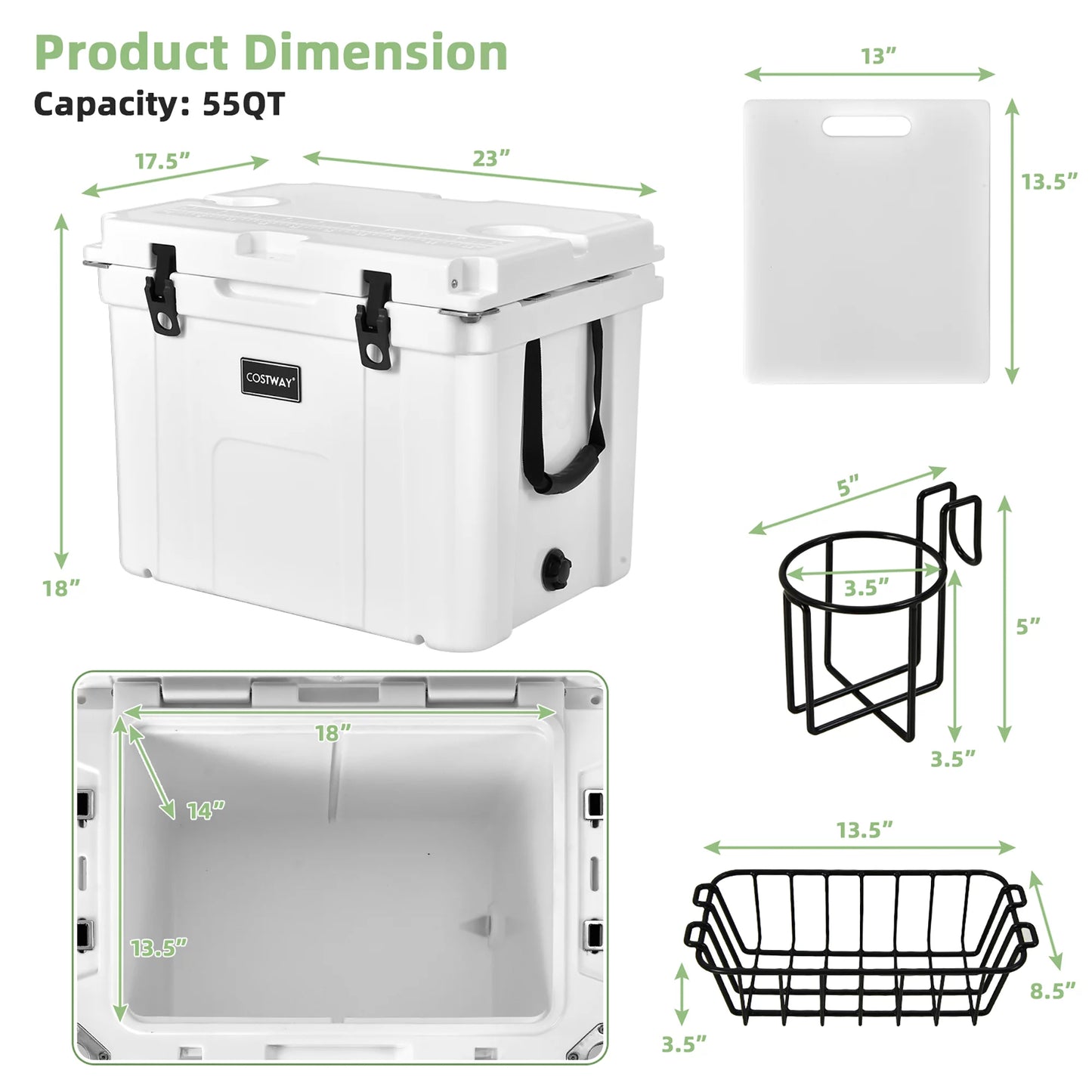 Costway 55 Quart Cooler Portable Ice Chest w/ Cutting Board Basket for Camping White