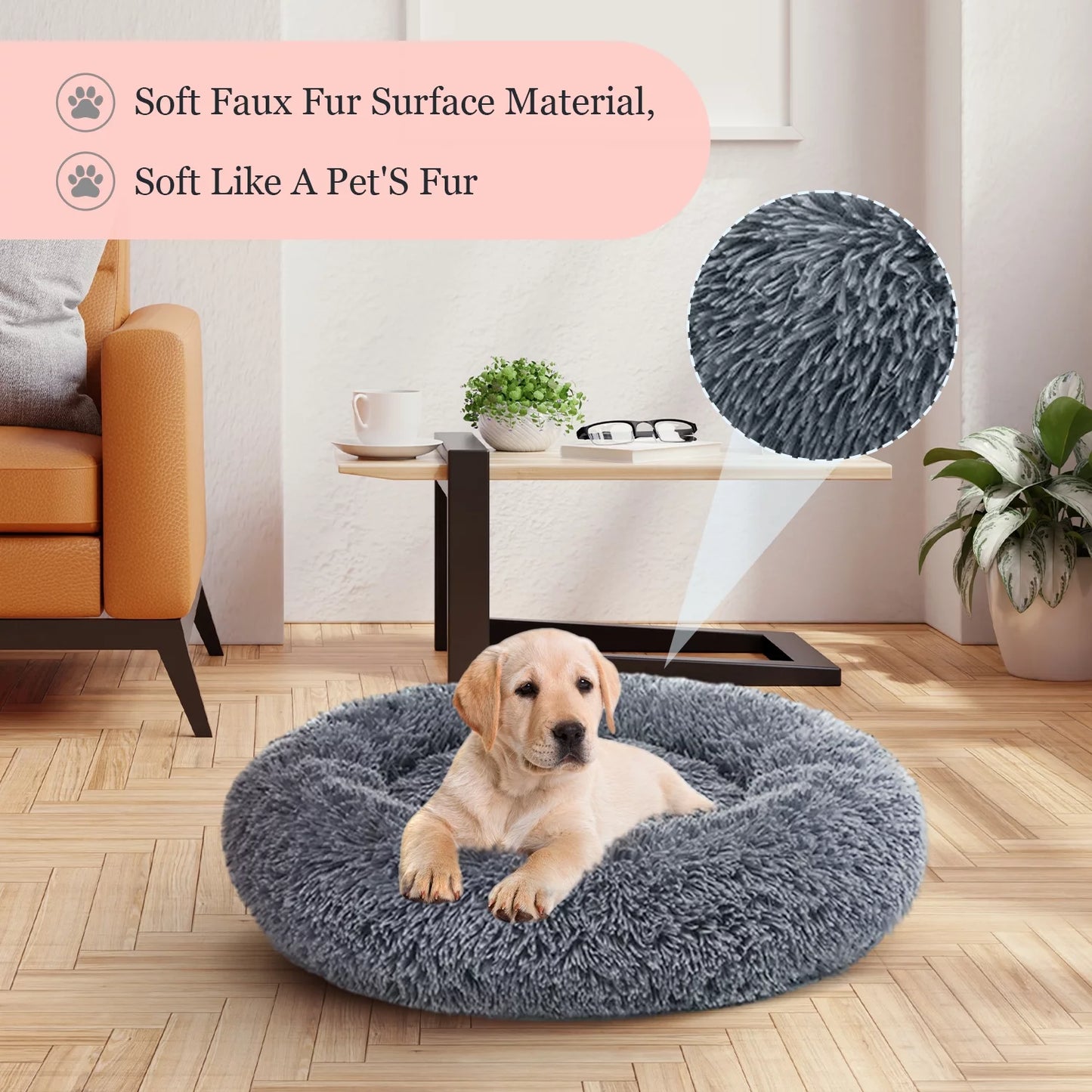 Calming Dog &#038; Cat Bed, Anti-Anxiety Donut Cuddler Warming Cozy Soft Round Bed, Fluffy Faux Fur Plush Cushion Bed for Medium Small Dogs and Cats, 24&#8243;