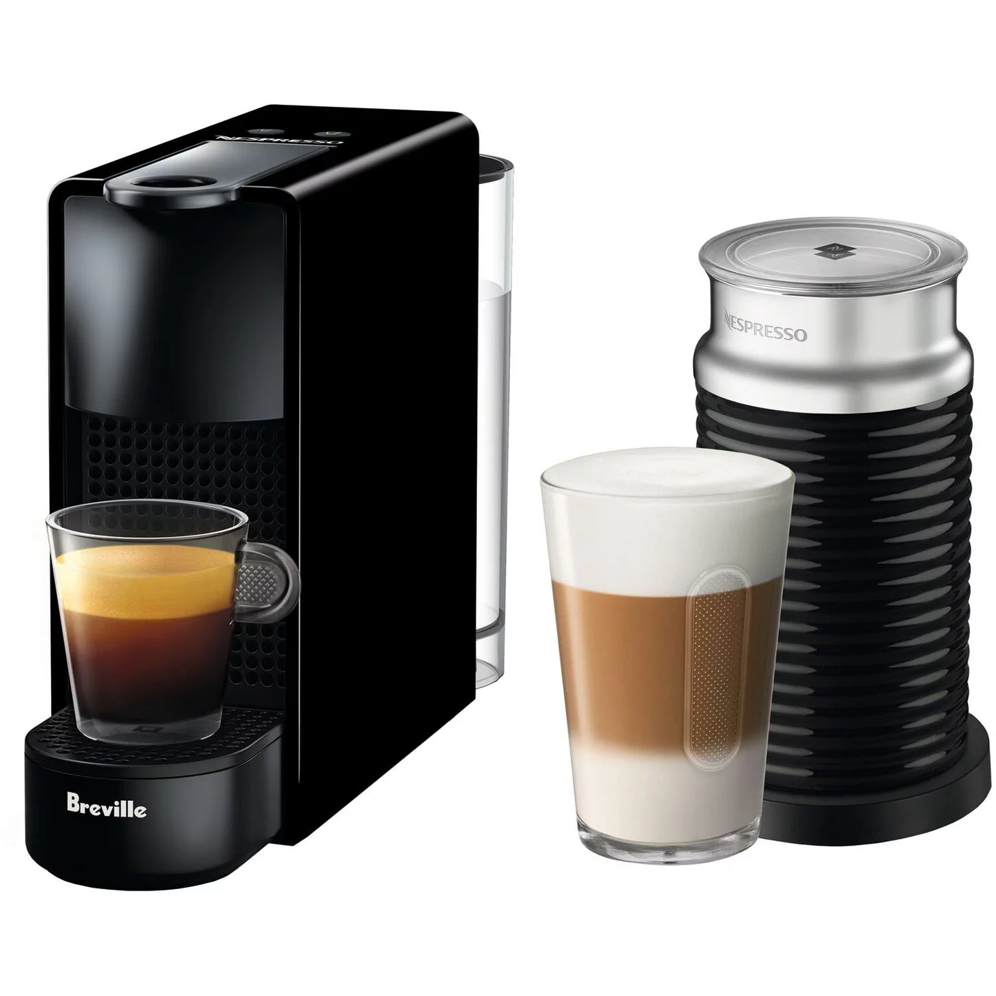 Breville Nespresso Pixie Single-Serve Espresso Machine in  New Electric Titanium and Aeroccino Milk Frother in Black