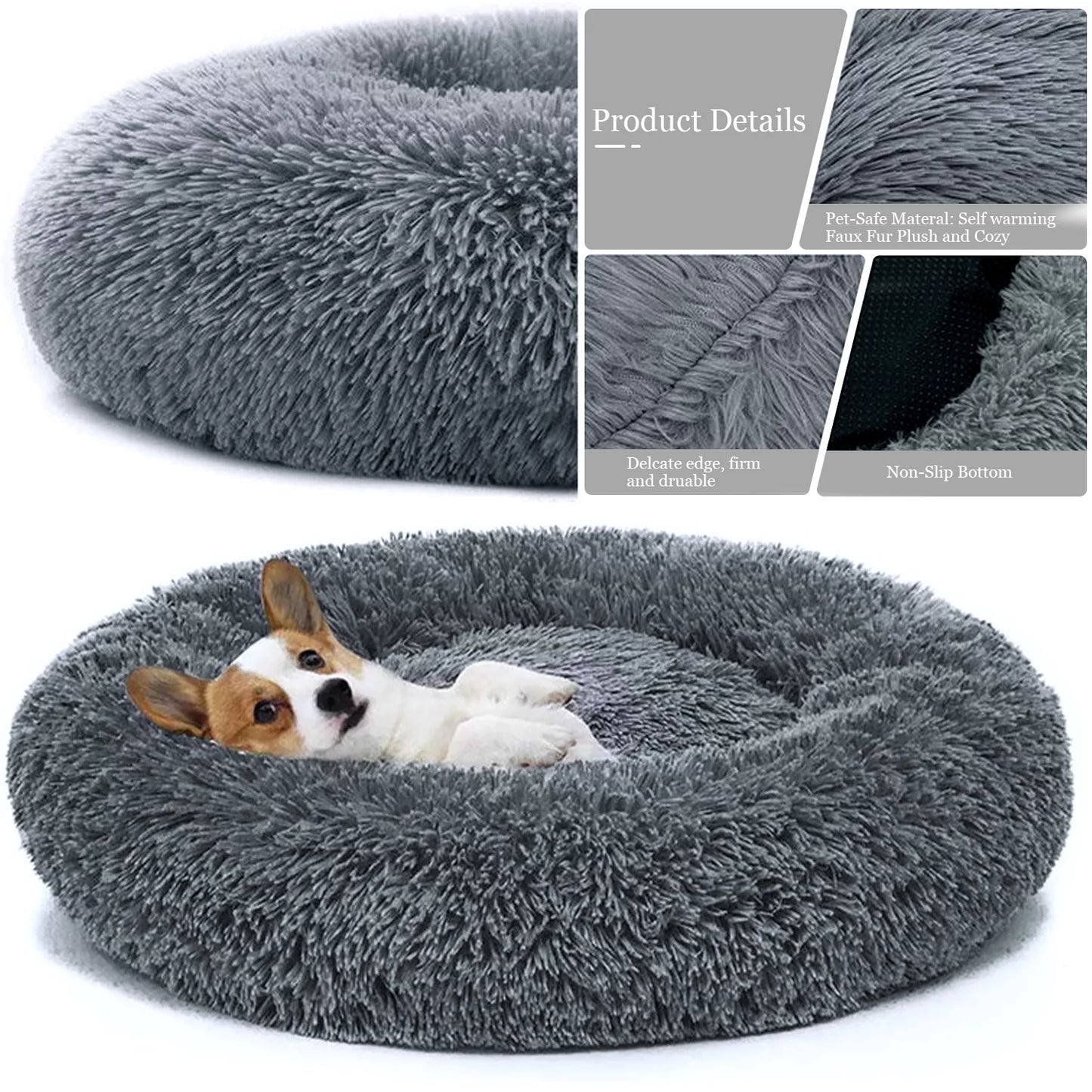 Calming Dog &#038; Cat Bed, Anti-Anxiety Donut Cuddler Warming Cozy Soft Round Bed, Fluffy Faux Fur Plush Cushion Bed for Medium Small Dogs and Cats, 24&#8243;