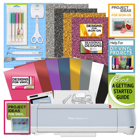 Cricut Explore Air 2 Machine with Vinyl Sampler Pack, Glitter Iron-On, Tool Kit, Pen Set and Cutting Mat Bundle