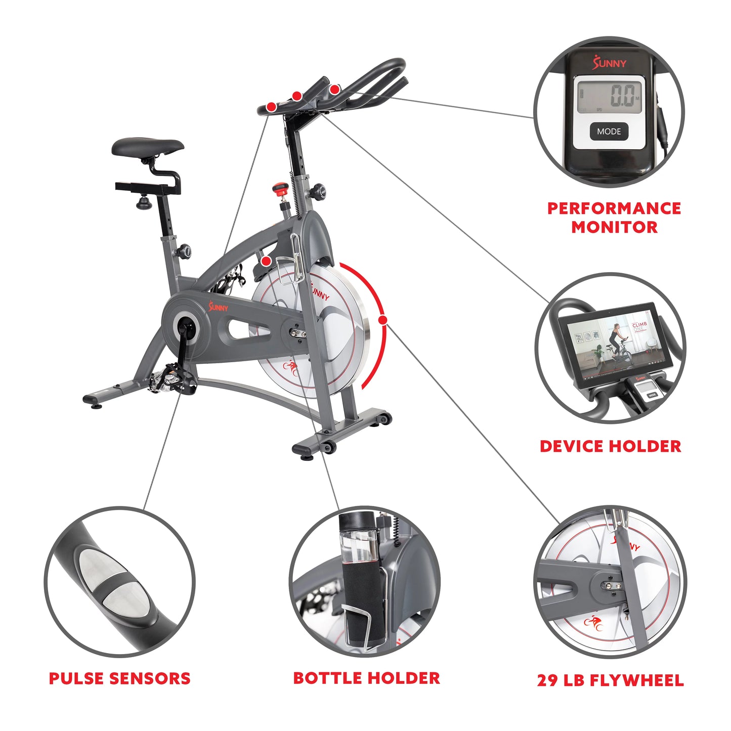 Sunny Health &#038; Fitness Endurance Belt Drive Indoor Cycle Exercise Bike with Magnetic Resistance for Stationary Cardio, SF-B1877