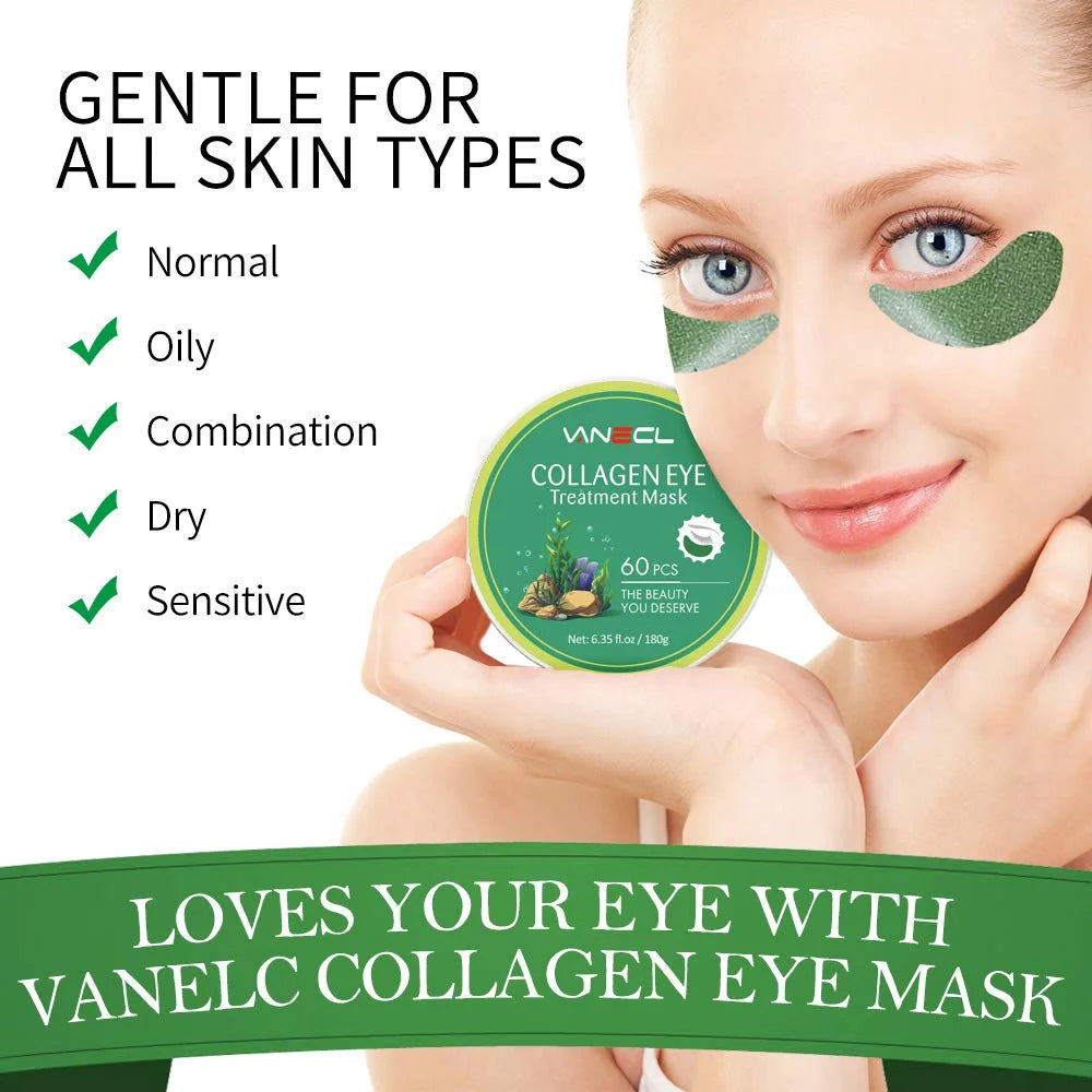 Vanelc Under Eye Patches, 30 Pairs Green Seaweed Under Eye Mask Anti-Aging Hyaluronic Acid Collagen Under Eye Pads Reducing Dark Circles &#038; Wrinkles Treatment Gel Bags