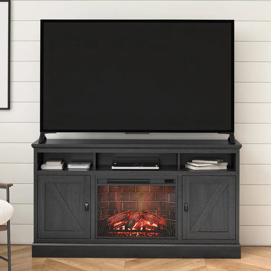 Ameriwood Home Ashton Lane Electric Fireplace TV Stand for TVs up to 65&#8243;, Black Oak