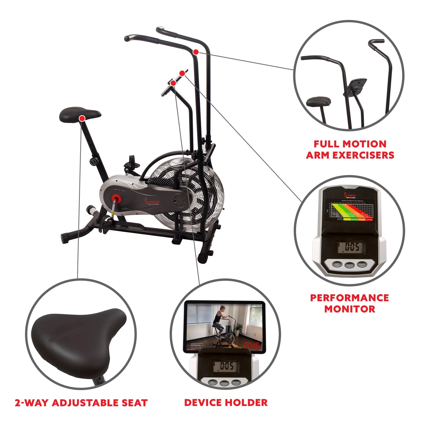 Sunny Health &#038; Fitness Zephyr Indoor Stationary Upright Air Bike w/ Row &#8211; Fan Exercise Bicycle Cardio Machine For Home, SF-B2715