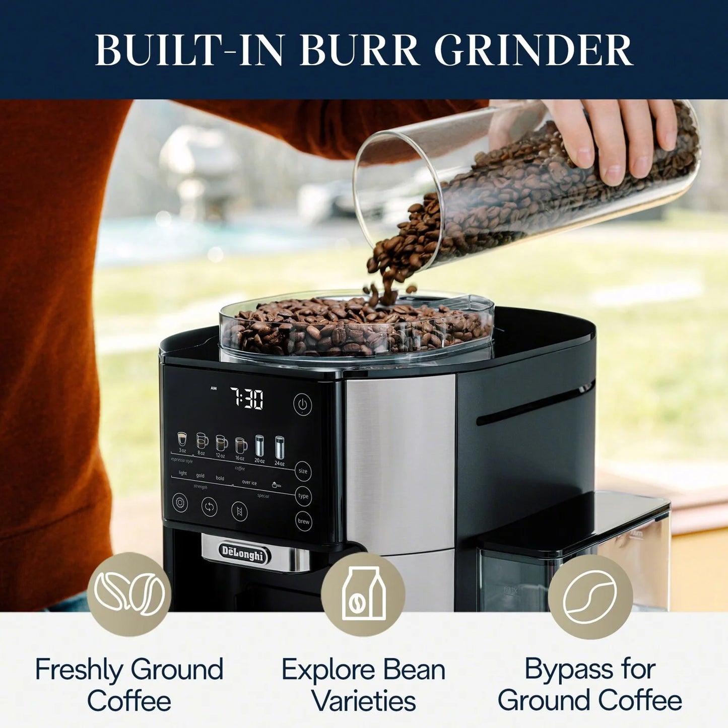 DeLonghi TrueBrew Automatic Single-Serve Drip Coffee Maker with Built-In Grinder, Stainless Steel