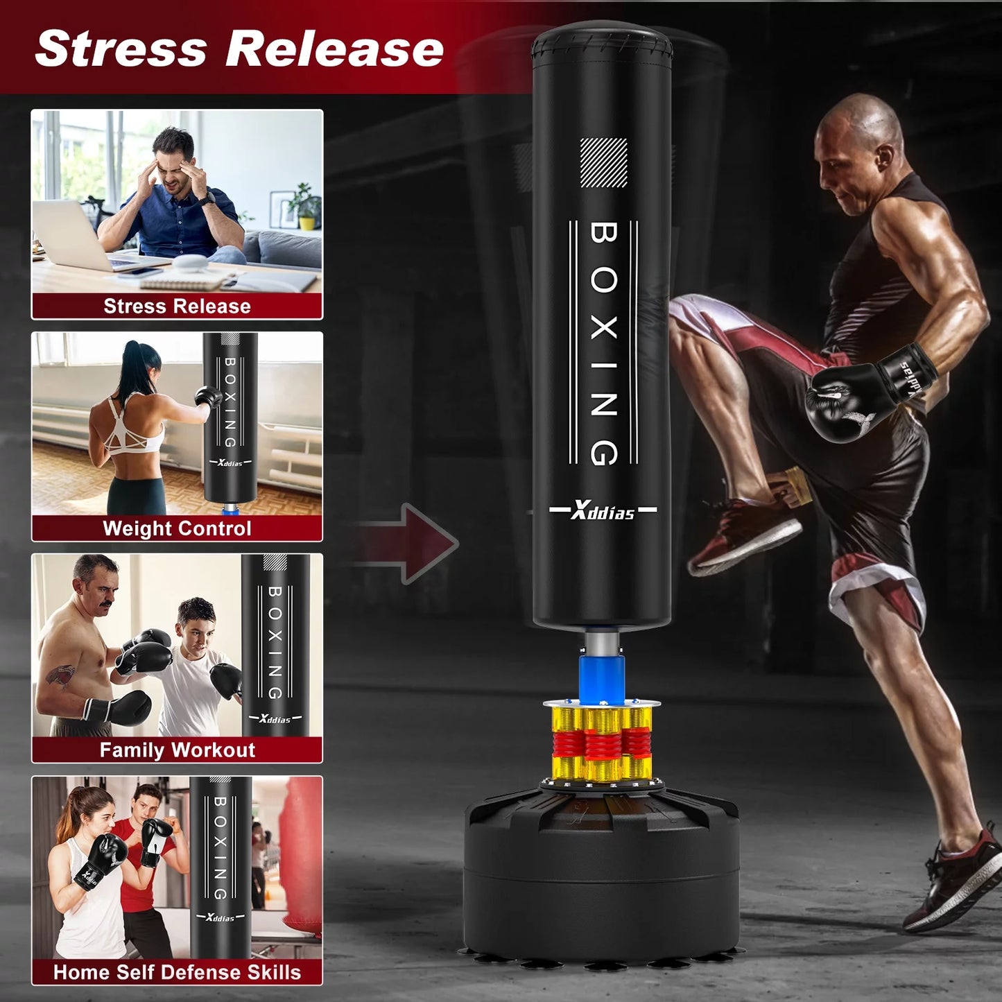 XDDIAS Punching Bag with Stand, Punching Bag for Adults, Boxing Bag with Stand 70&#8221;-205lbs Freestanding Punching Bag for Adult Youth Kids &#8211; Men Women Stand Kickboxing Bag for Home Office Gym