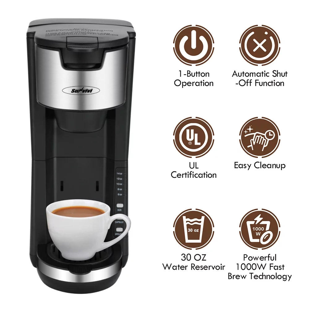 Superjoe Single Serve Coffee Maker, Coffee Machine For Single Cup Pod &#038; Coffee Ground, 30 Oz Removable Reservoir, Compact Coffee Brewer with 6 to 14 oz, Black