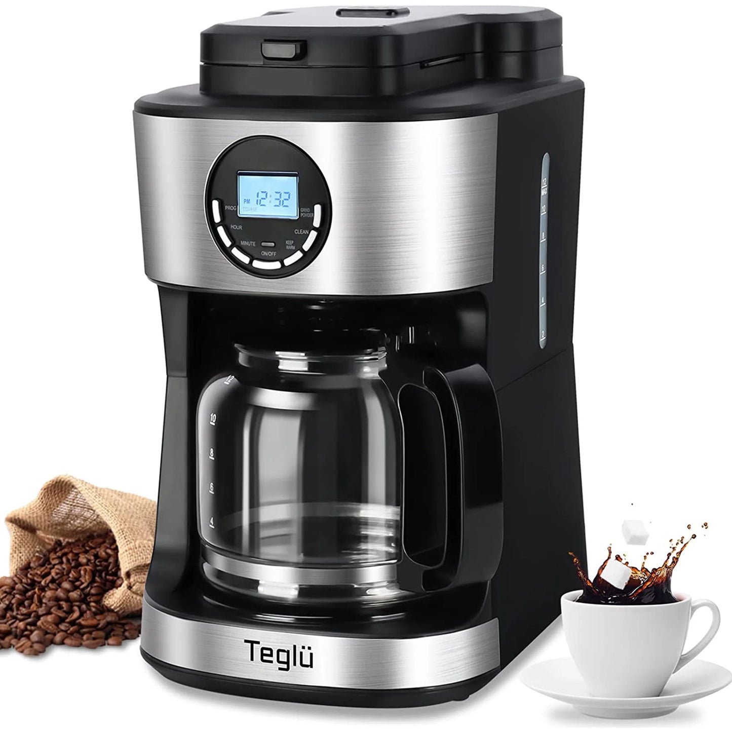 Teglu Coffee Maker with Grinder 12 Cups, Programmable Grind and Brew Coffee Machine with Warming Plate, Automatic Drip Coffee Pot with 60 oz Glass Carafe BPA Free, 950W, Black