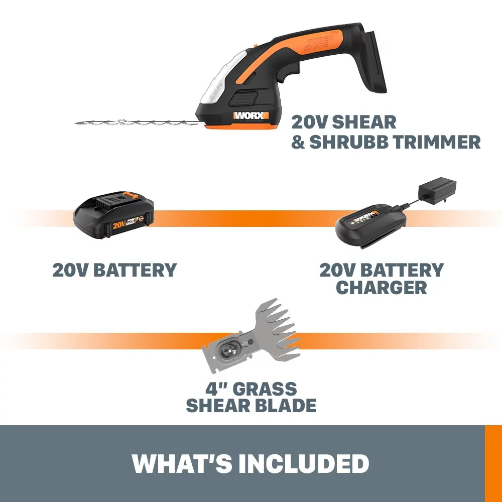 Worx WG801 20V Power Share 4&#8243; Cordless Shear and 8&#8243; Shrubber Trimmer