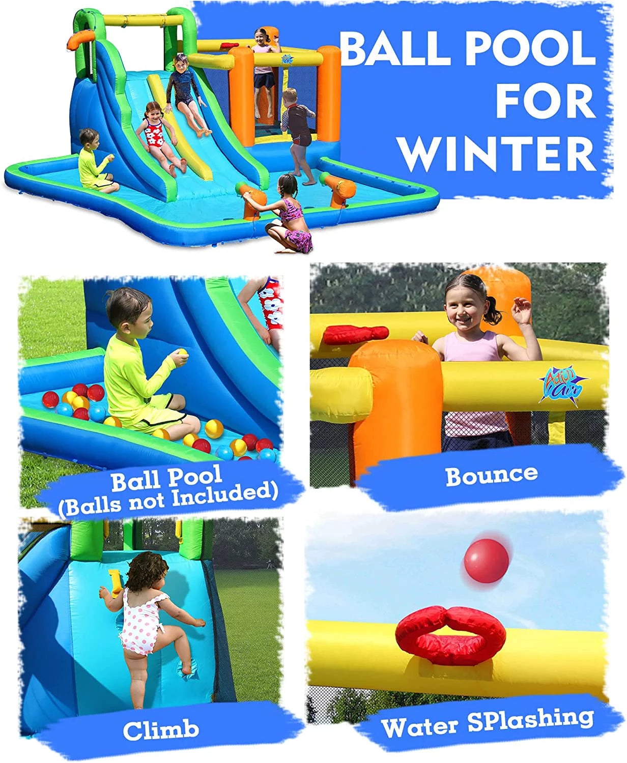 Action Air Water Slide, 7-in-1 Inflatable Bouncer Combo with Large Pool, Bounceing Area Double Slide