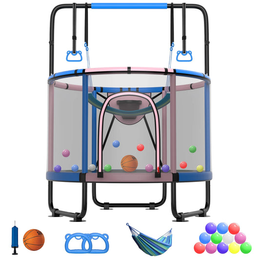 CITYLE Trampoline for Kids, 5FT Toddler Trampoline with Basketball Hoop, Swing, Adjustable Bar, Indoor Outdoor Mini Trampoline with Enclosure Net, Gifts for Toddlers, Boys &#038; Girls Age 1-8