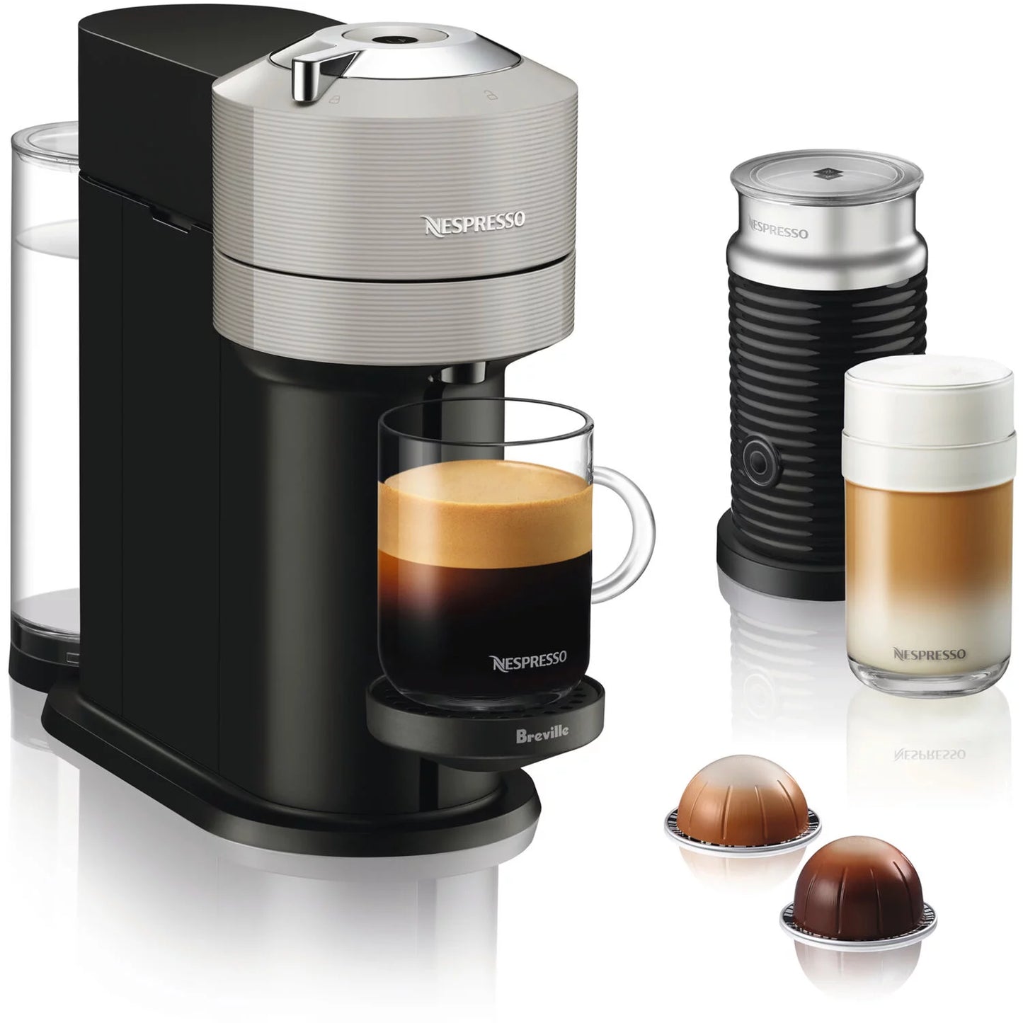 Breville Vertuo Next Coffee and Espresso Maker in Light Gray plus Aeroccino3 Milk Frother in Black