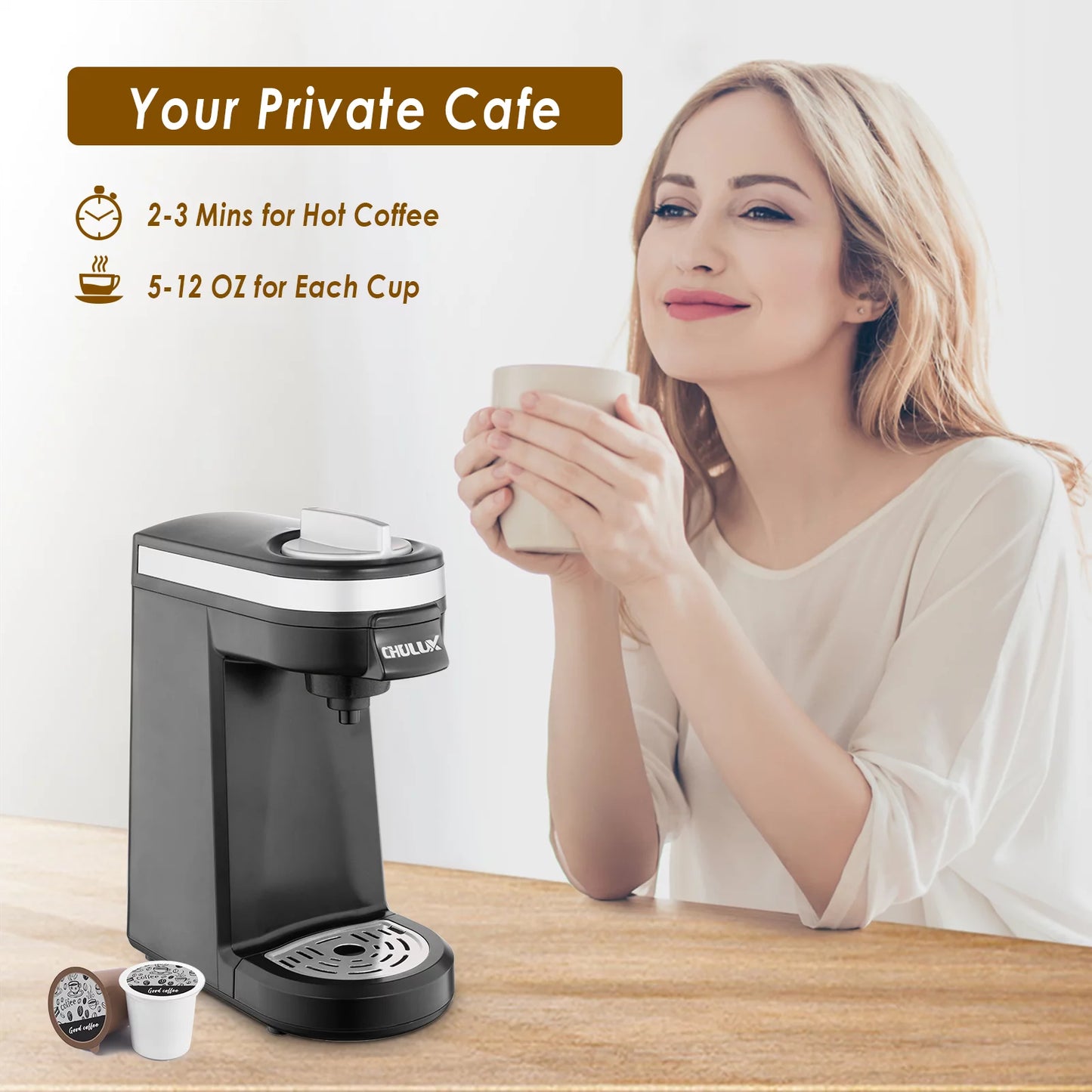 CHULUX Small Coffee Maker Single Serve, Travel One Cup Pod Coffee Maker for K Cup &#038; Ground Coffee, Fast Brewing System, New