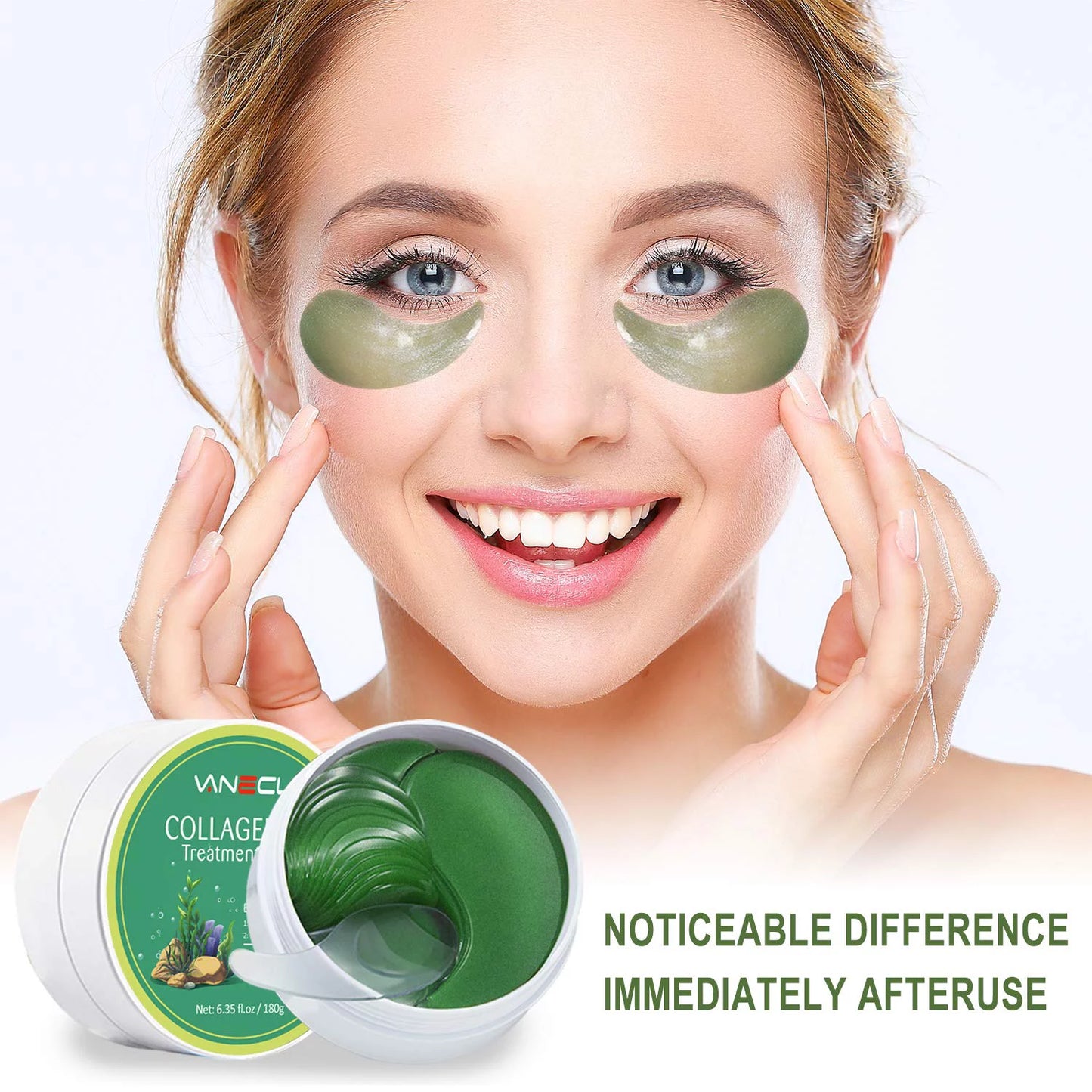 Vanelc Under Eye Patches, 30 Pairs Green Seaweed Under Eye Mask Anti-Aging Hyaluronic Acid Collagen Under Eye Pads Reducing Dark Circles &#038; Wrinkles Treatment Gel Bags