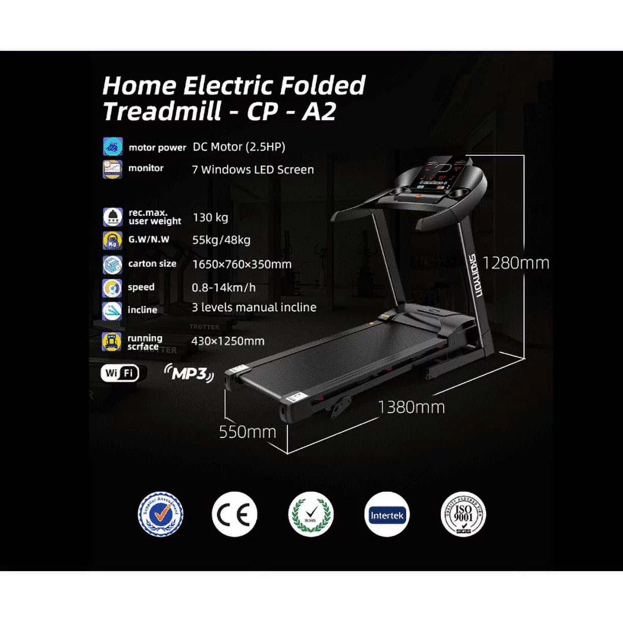 2.5HP Folding Electric Treadmill, 280 LBS Weight Capacity Walking Jogging Running Exercise Machine for Home Office