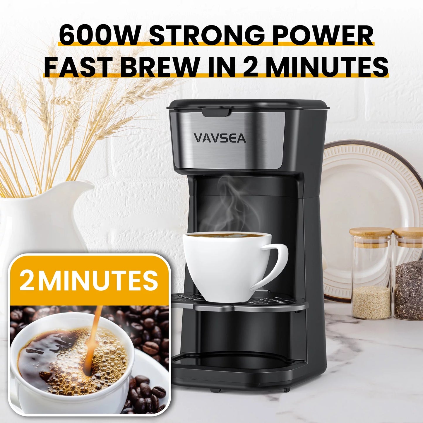 VAVSEA Single-Serve Coffee Maker Brewer with Thermal Travel Mug &#038; Reusable Filter, 600W Coffeemaker for Ground Coffee