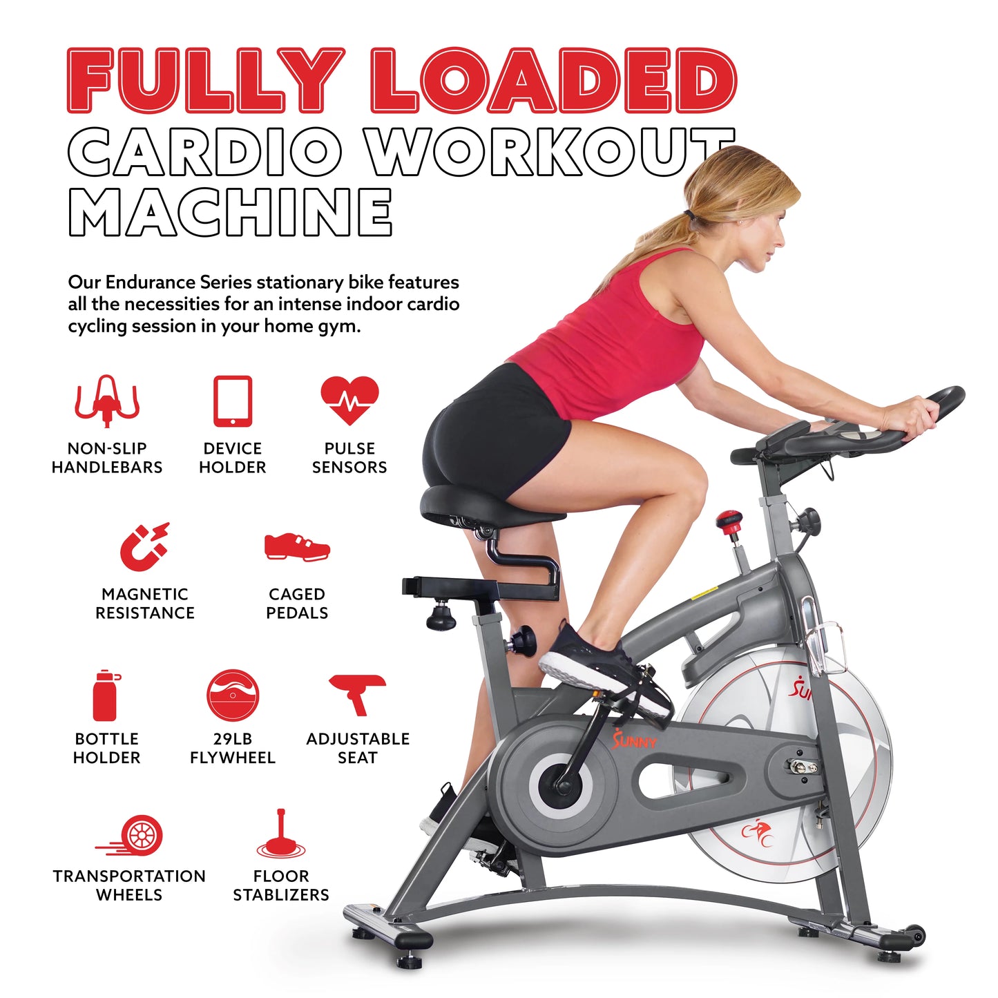 Sunny Health &#038; Fitness Endurance Belt Drive Indoor Cycle Exercise Bike with Magnetic Resistance for Stationary Cardio, SF-B1877