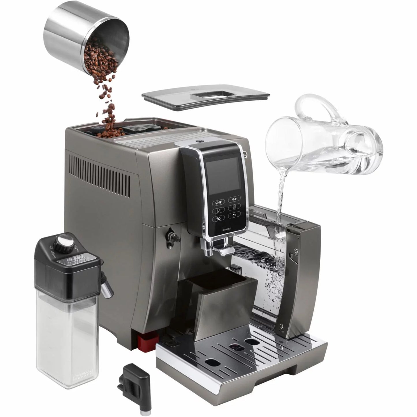 De&#8217;Longhi Dinamica Plus, Smart Coffee and Espresso Machine with Coffee Link Connectivity App and Automatic Milk Frother, Titanium