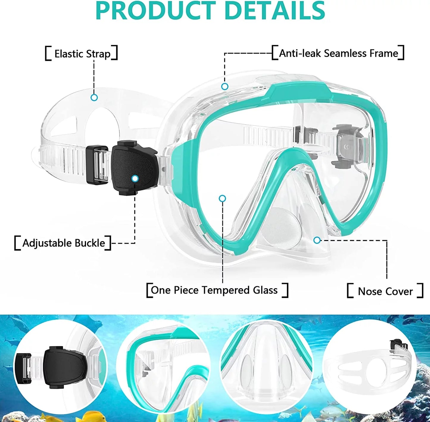 Swim Goggles Adult, Anti Fog Snorkel Diving Goggles, Clear View Tempered Glass Swimming Mask with Nose Cover