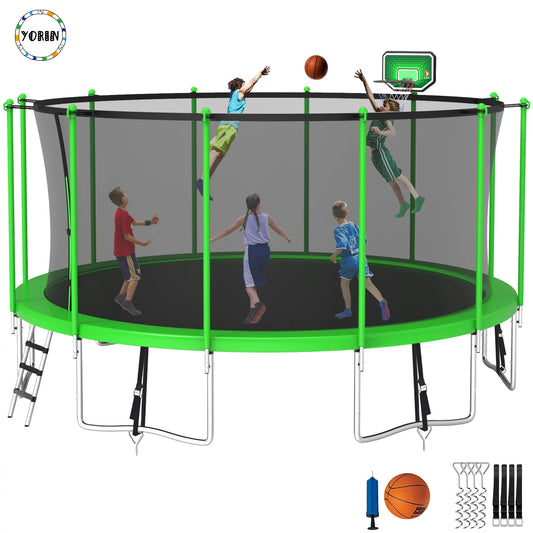 YORIN 1500LBS 16 FT Trampoline for Adults with Enclosure Net, Outdoor Trampoline Capacity 6-8 Kids, with Basketball Hoop, Ground Stakes, Ladder, ASTM Approved Large Backyard Recreational Trampoline