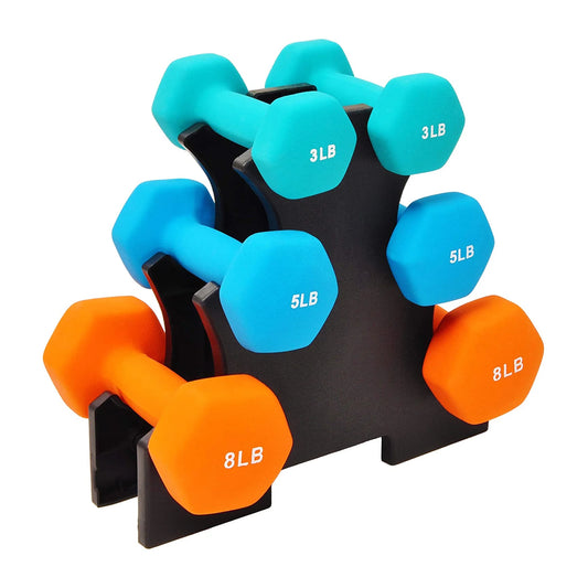 BalanceFrom Fitness Neoprene Coated Dumbbell Set w/ Stand, 3, 5, and 8Lbs